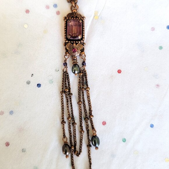 SATELLITE PARIS VINTAGE FACETED RECTANGULAR AMETHYST GLASS NECKLACE W/ DANGLES - Picture 1 of 9